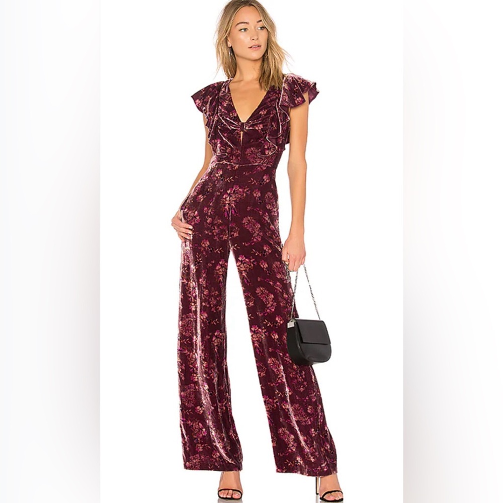Rebecca Taylor Jewel Velvet Jumpsuit in Plum Floral Combo Size 2 Silk Rayon